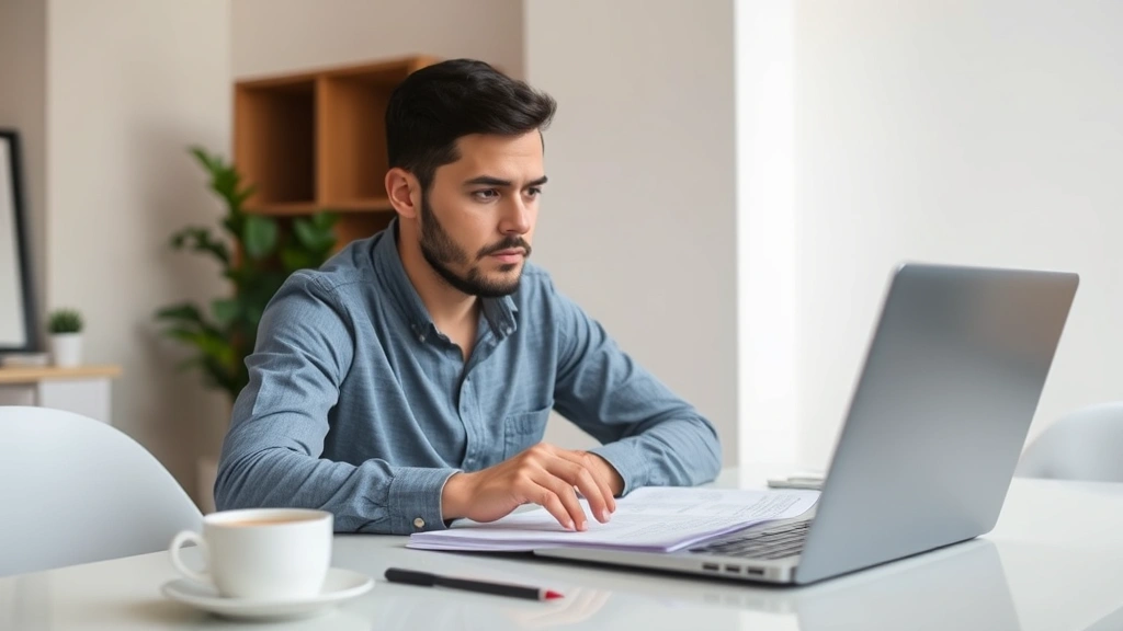 Person in focused work position at clean desk, soft overhead lighting, closed laptop in background, single cup of tea nearby, hands on document, serene focused expression
