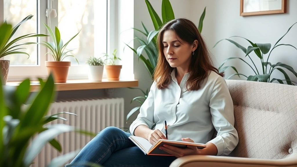 Counselor in quiet consultation room with plants, natural daylight through window, open notebook with pen, comfortable chair, peaceful expression of deep listening concentration