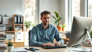 Person sitting at organized desk with minimal clutter, natural light streaming through window, focused expression, hands on keyboard, calm workspace with plants, photorealistic professional setting