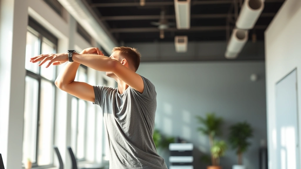 Individual doing stretching exercise in bright office space, energetic movement, natural lighting, refreshed expression, mid-morning focus break moment, photorealistic wellness scene
