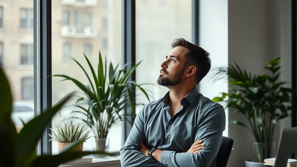 Man in professional setting gazing thoughtfully out window, relaxed posture, modern office with plants visible, natural light creating peaceful atmosphere of deep concentration