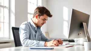 Person in deep concentration at desk in bright, minimalist office environment, natural light streaming through windows, calm focused expression, no screens visible, clean workspace
