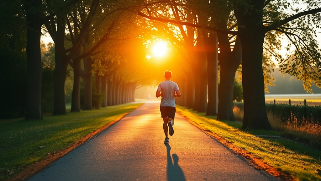 Active person jogging outdoors on tree-lined path during morning golden hour, energetic movement, natural scenery, peaceful outdoor setting, sunlight filtering through foliage