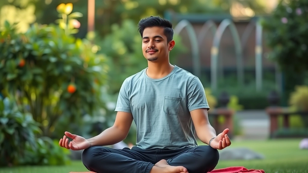 Individual in meditation pose in serene natural environment, sitting peacefully with good posture, garden or nature background, calm peaceful expression, natural outdoor lighting