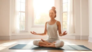Person meditating peacefully in bright morning sunlight streaming through windows, sitting cross-legged on yoga mat, serene facial expression, minimalist white room background, photorealistic, warm natural lighting