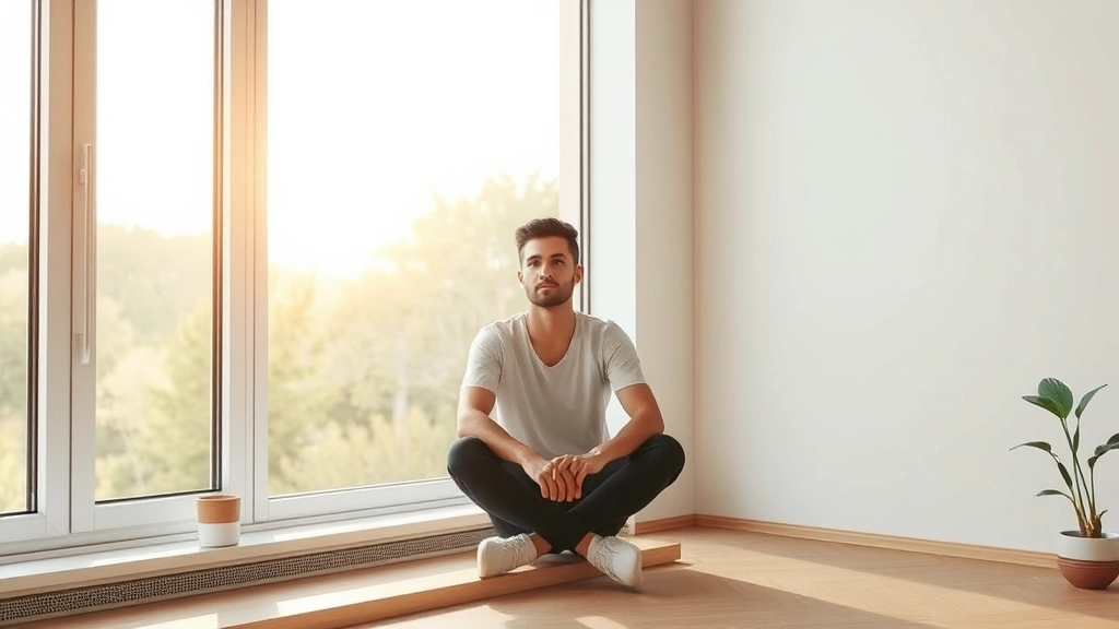 Person sitting peacefully by large window with natural morning light streaming in, calm focused expression, minimalist clean workspace background, photorealistic
