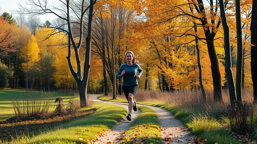 Individual jogging on tree-lined trail in natural landscape, autumn foliage, energetic but composed posture, morning light, photorealistic outdoor setting