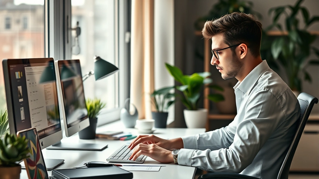 Professional workspace with organized desk, plants, natural light, person typing with concentrated expression, ergonomic setup, calm neutral colors, photorealistic