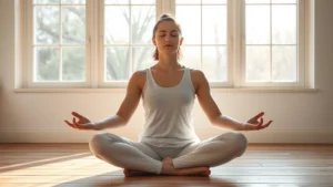 Person sitting in peaceful meditation pose on wooden floor near large window with natural sunlight streaming in, serene facial expression, professional photorealistic style