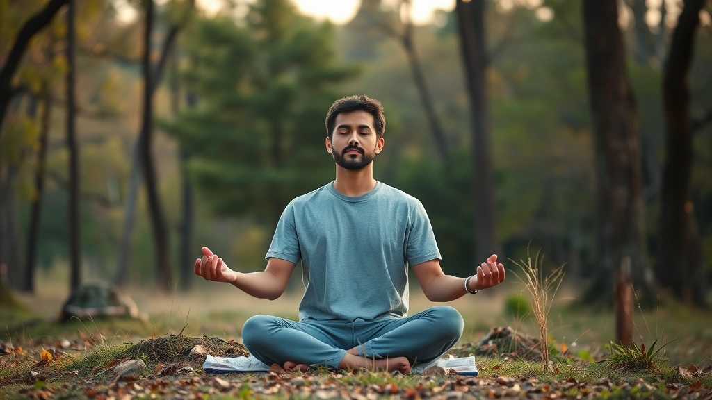 Individual meditating outdoors in nature setting with trees and soft background, sitting peacefully with focused attention, photorealistic nature photography style