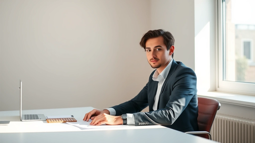 Person sitting at minimalist desk with natural light streaming through window, focused expression, clean workspace with single task materials visible, professional setting, warm lighting