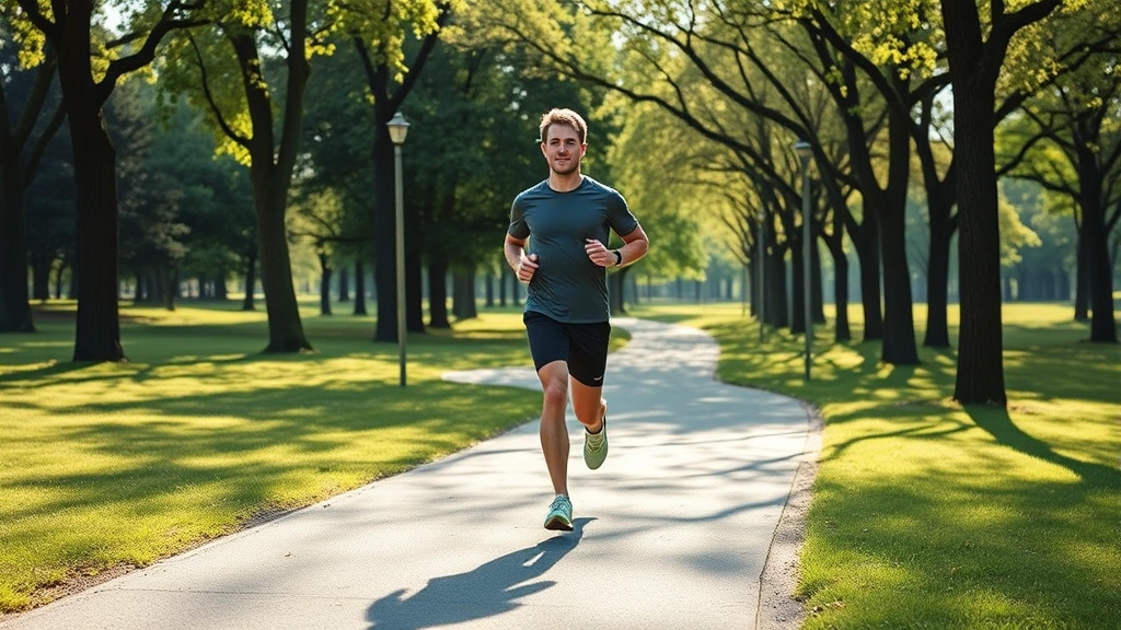 Individual during morning exercise routine outdoors, jogging through peaceful park with trees, fresh natural light, energetic posture, healthy lifestyle context