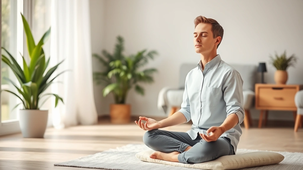 Professional meditating in calm home environment, sitting upright on cushion, plants visible, soft natural lighting, peaceful expression, serene background
