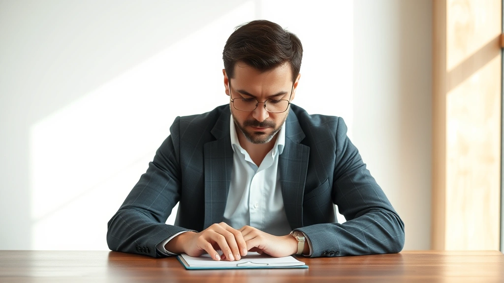 Person sitting at wooden desk in bright natural light, deeply focused on work, hands positioned on desk surface, minimal background, serene concentration expression, professional environment