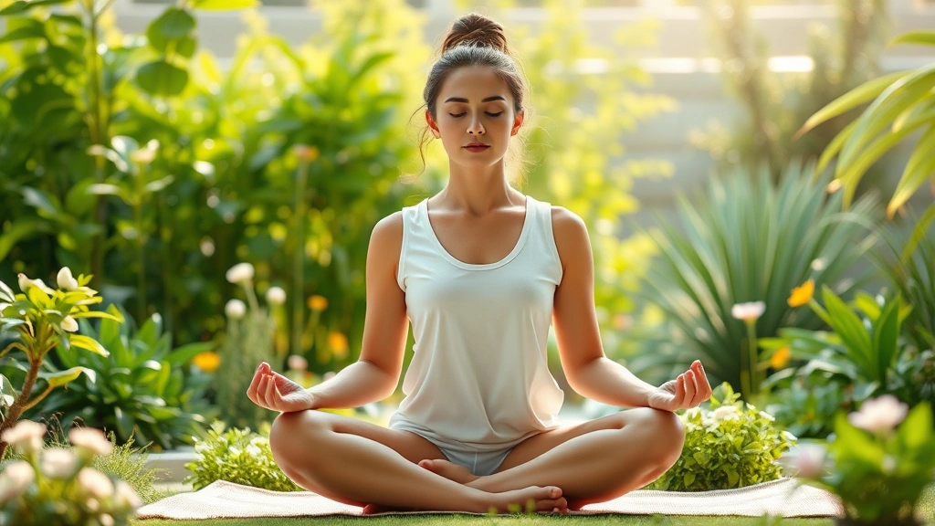 Woman meditating in peaceful garden setting with soft natural lighting, calm centered posture, surrounded by green plants and flowers, tranquil atmosphere, no text elements, wellness focused