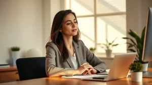 Serene professional woman at desk with morning sunlight, hands resting peacefully, calm focused expression, minimalist workspace with plants, warm natural lighting emphasizing mental clarity and concentration