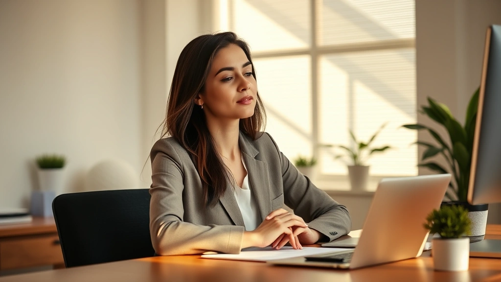 Serene professional woman at desk with morning sunlight, hands resting peacefully, calm focused expression, minimalist workspace with plants, warm natural lighting emphasizing mental clarity and concentration