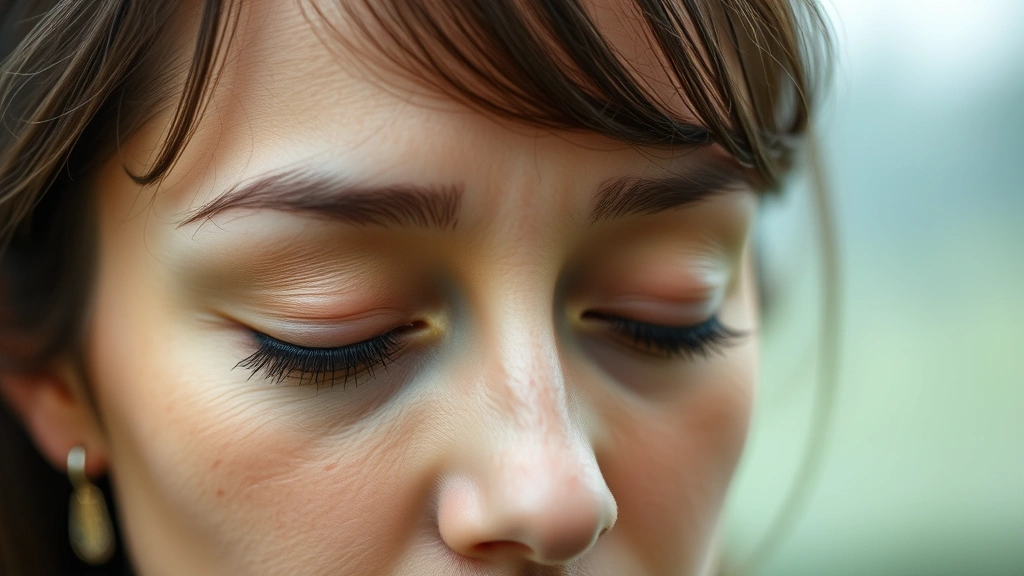 Close-up of person's face showing relaxed concentration, eyes gently focused forward, peaceful expression, soft natural background, embodying calm attentional control without tension or strain