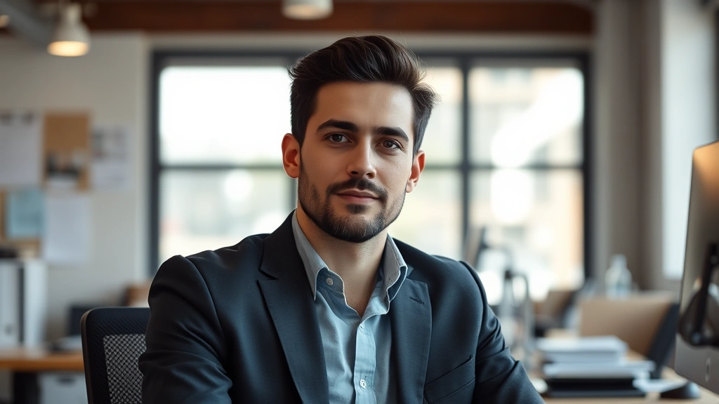 Professional individual in productive workspace environment, sitting upright with comfortable posture, window light illuminating face, subtle expression of engaged focus, organized desk elements softly blurred in background