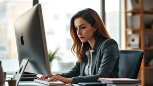 Professional woman in modern office concentrating intently on computer work, warm natural lighting, calm focused expression, organized desk with minimal distractions, photorealistic