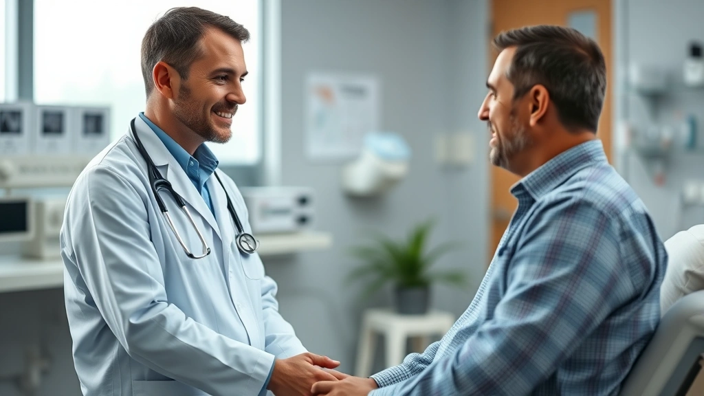 Male healthcare provider consulting with patient in clinical setting, reviewing treatment options, professional medical environment, warm compassionate interaction, photorealistic