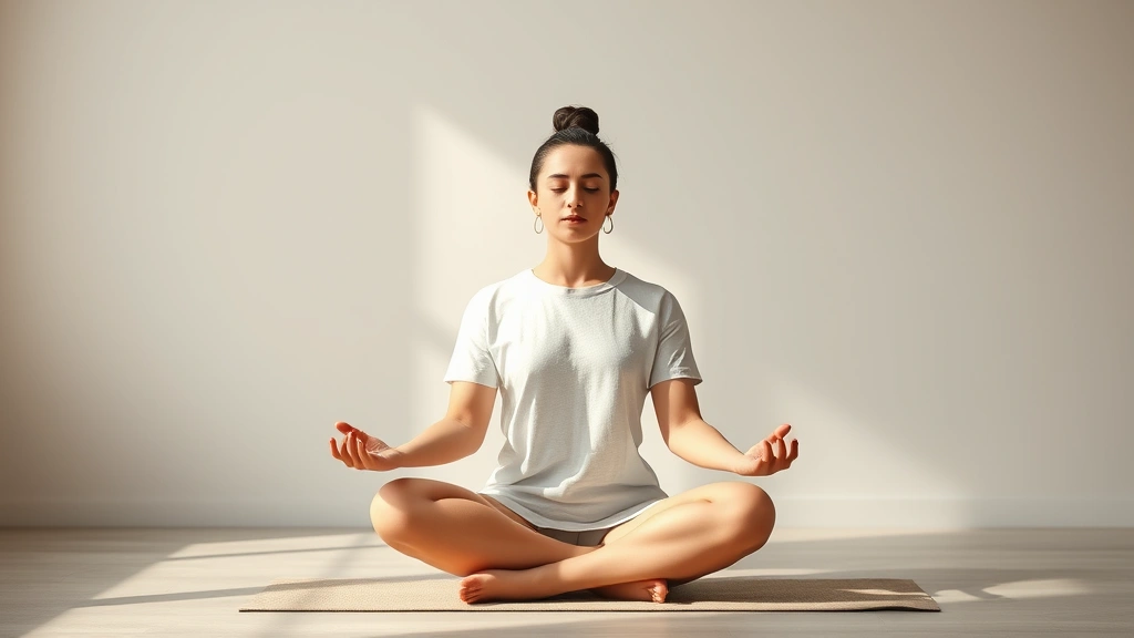 Person meditating peacefully in minimalist space with soft natural light, serene calm demeanor, supporting mental wellness, photorealistic professional quality