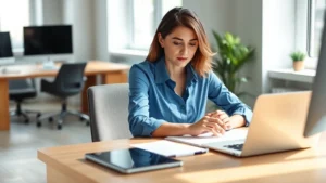 Professional woman in blue business casual shirt sitting at wooden desk with natural light, hands focused on work, calm concentrated expression, modern minimalist office background, no visible text or screens