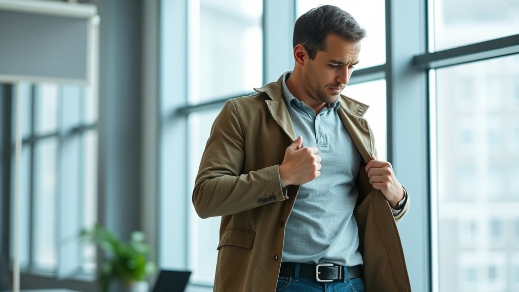Man in layered neutral clothing adjusting outer layer in modern office space, comfortable posture suggesting ease of movement, bright natural window light, focused expression, minimalist professional setting