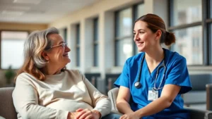 Compassionate female CNA in scrubs sitting beside a patient in a mental health facility, both appearing calm and engaged in conversation, natural lighting through large windows, peaceful clinical environment