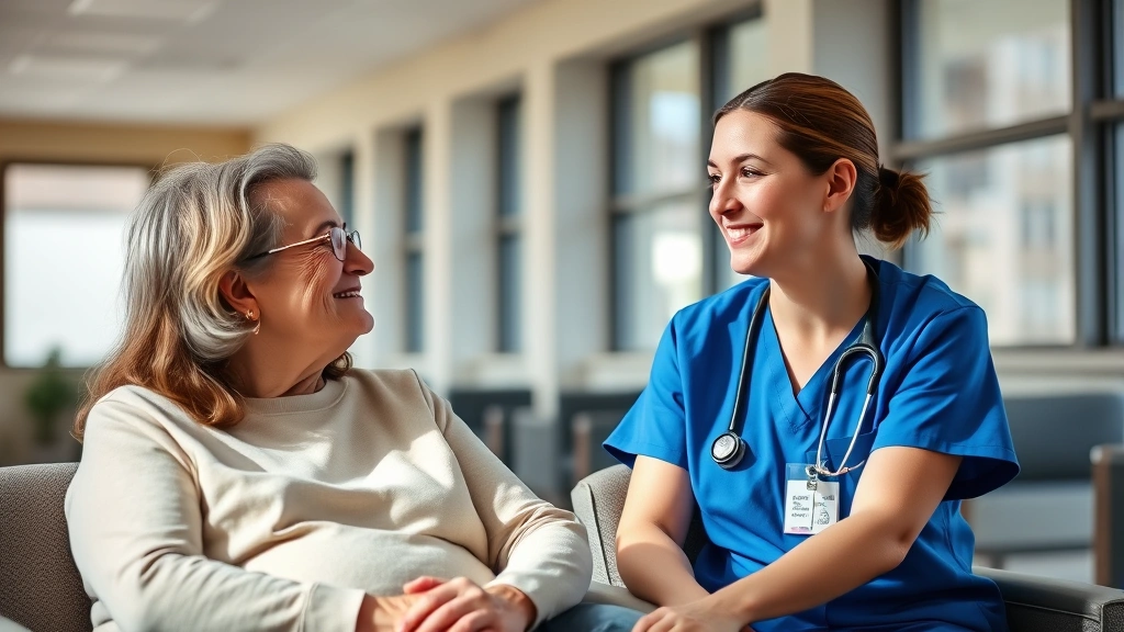 Compassionate female CNA in scrubs sitting beside a patient in a mental health facility, both appearing calm and engaged in conversation, natural lighting through large windows, peaceful clinical environment