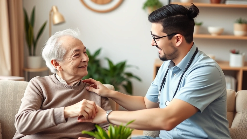 Male mental health technician assisting an older patient with daily activities in a residential treatment facility, warm supportive interaction, comfortable home-like setting with plants and natural decor