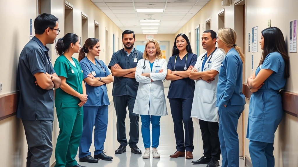 Diverse team of mental health support staff collaborating in a psychiatric hospital hallway during shift change, professional attire, calm confident demeanor, modern healthcare facility environment