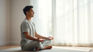 Person in meditation pose sitting by a window with soft natural light, peaceful expression, neutral colored room, photorealistic, calm concentrated atmosphere, no text or objects visible