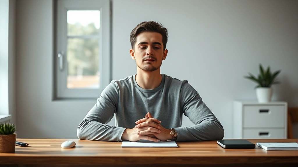 Individual in deep focus state at wooden desk with hands resting calmly, serene facial expression, natural lighting from window, minimalist workspace, photorealistic, meditative work posture