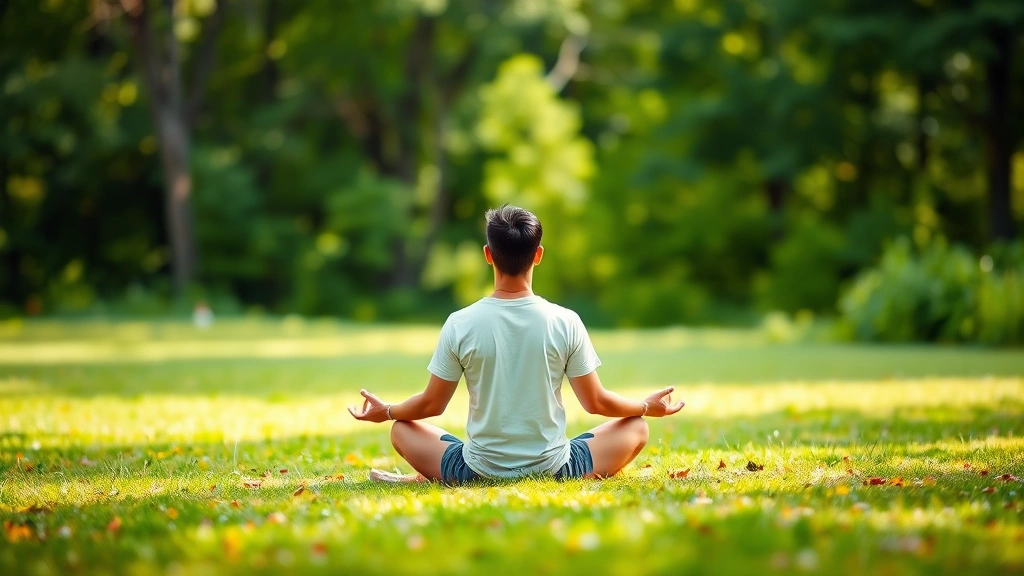 Person meditating outdoors in nature setting with blurred green background, sitting peacefully on ground, natural daylight, photorealistic, centered and grounded, no visible text or distracting objects