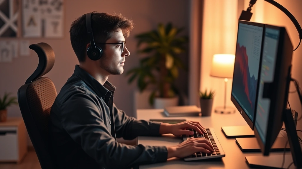 Individual in deep work state at ergonomic setup, hands on keyboard, relaxed posture, calm focused eyes, organized desk with single monitor, warm ambient lighting