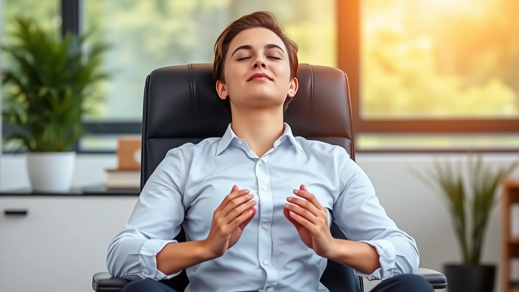 Professional meditating in office chair before work session, eyes closed, peaceful expression, hands resting naturally, bright natural background, serene concentrated state
