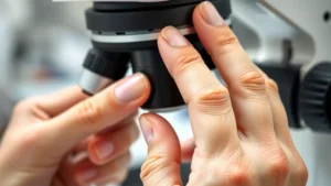 Close-up of hands adjusting a coarse focus knob on a microscope, demonstrating proper grip and gentle finger placement, laboratory environment, professional microscopy setting