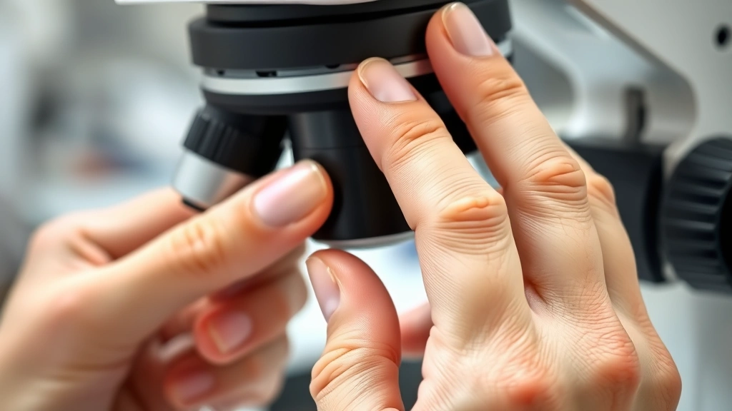 Close-up of hands adjusting a coarse focus knob on a microscope, demonstrating proper grip and gentle finger placement, laboratory environment, professional microscopy setting