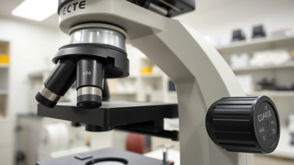 Wide-angle view of a complete microscope with coarse and fine focus knobs visible on the right side, showing the dual-knob system in a well-lit research laboratory