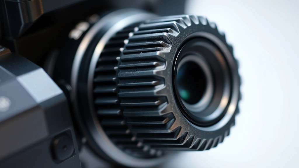 Detailed macro photograph of a coarse focus knob mechanism showing the textured grip surface and mechanical assembly, with soft laboratory lighting highlighting the precision engineering