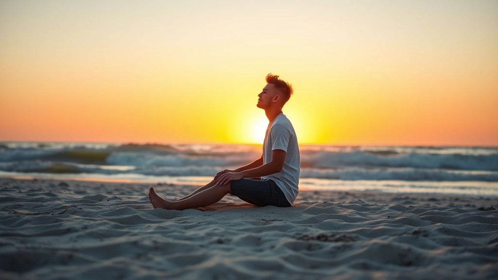 Person sitting peacefully on a sandy beach at sunrise, ocean waves in background, natural morning light, serene expression, no text or clocks visible, photorealistic coastal scene emphasizing calm focus and tranquility