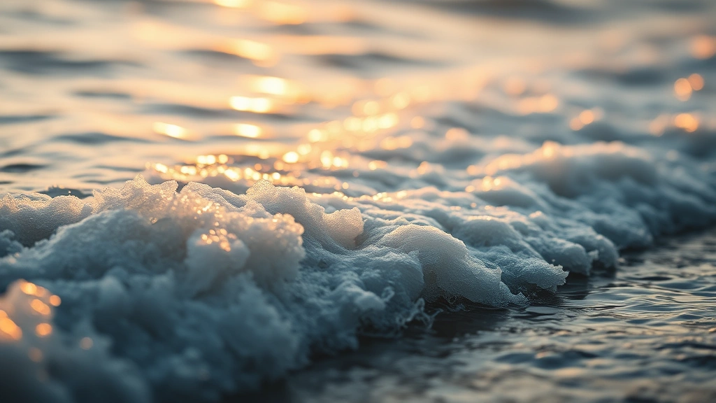 Close-up of waves crashing on shore with golden sunlight reflecting off water, natural bokeh effect, peaceful atmospheric coastal landscape, no people or text, photorealistic nature photography emphasizing water and light