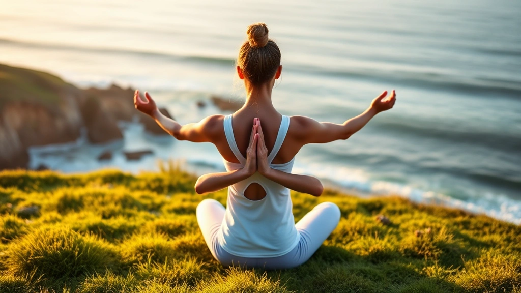 Individual practicing meditation or yoga on coastal grass overlooking ocean, morning or golden hour lighting, relaxed posture suggesting concentration and mental clarity, no visible text or screens, photorealistic wellness imagery