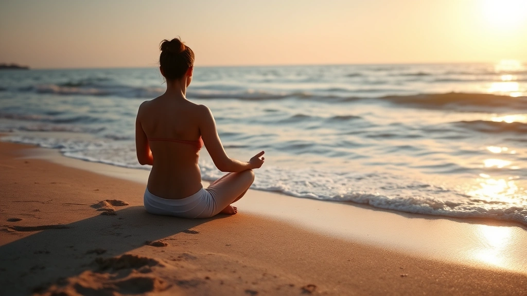 Serene coastal morning with calm ocean waves, person sitting on sandy beach facing water in peaceful meditation posture, golden sunlight reflecting off gentle water, no people close-up, natural coastal landscape