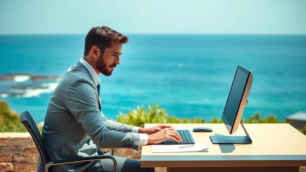 Professional person working at outdoor desk overlooking blue ocean horizon, natural daylight illuminating workspace, coastal vegetation and water visible in background, focused expression, minimal text visible