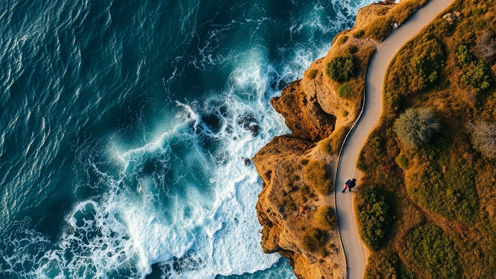 Aerial view of coastal walking path along cliff edge with ocean waves below, person walking on natural pathway surrounded by coastal vegetation, expansive water view, peaceful movement captured in motion
