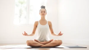Person meditating peacefully in bright morning sunlight streaming through window, sitting cross-legged on yoga mat in calm minimalist room, serene facial expression, natural lighting emphasizing tranquility and mental clarity