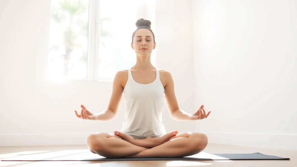 Person meditating peacefully in bright morning sunlight streaming through window, sitting cross-legged on yoga mat in calm minimalist room, serene facial expression, natural lighting emphasizing tranquility and mental clarity