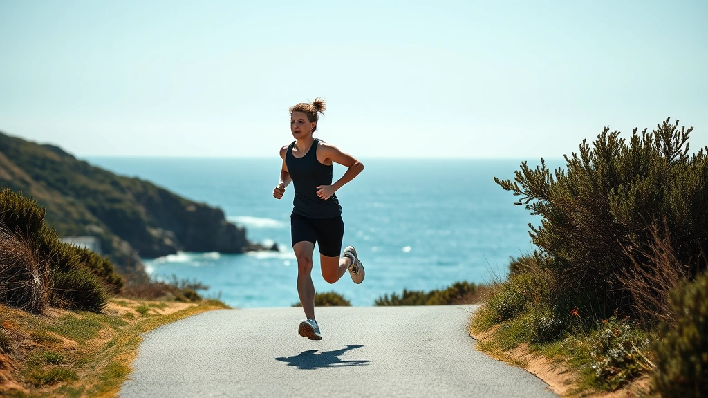 Active individual jogging outdoors on scenic coastal path with ocean view in background, athletic movement captured mid-stride, natural daylight, embodying energy and mental invigoration from physical exercise